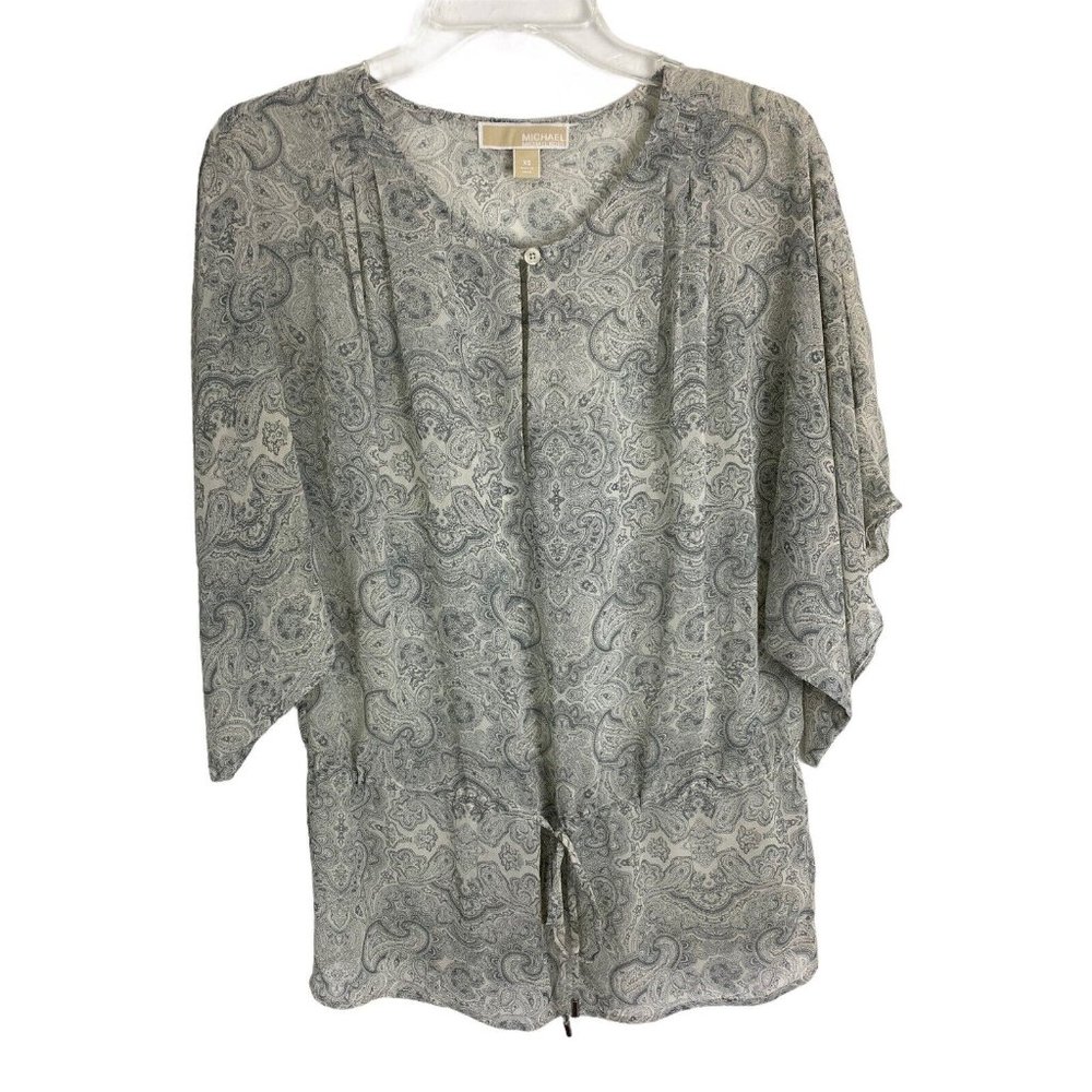 Michael Kors Womens Shirt Size XS Gray Paisley Sheer Short Sleeve Key Hole